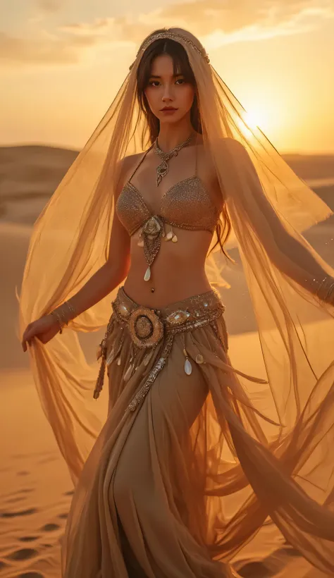 Portrait Look Boost, breathtakingly attractive and gorgeous young woman performing a graceful belly dance in the middle of a vast golden desert, her flowing jeweled costume shimmering under the setting sun. Cinematic low-angle shot capturing her elegant mo...