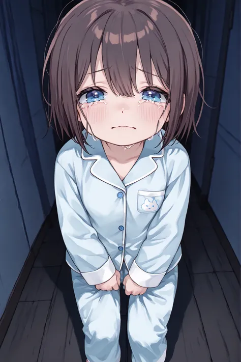 1girl, solo, anime girl, best_quality, detailed_background, child, little girl, short hair, brown hair, blue eyes, japanese, blue pajamas, crying, dark room