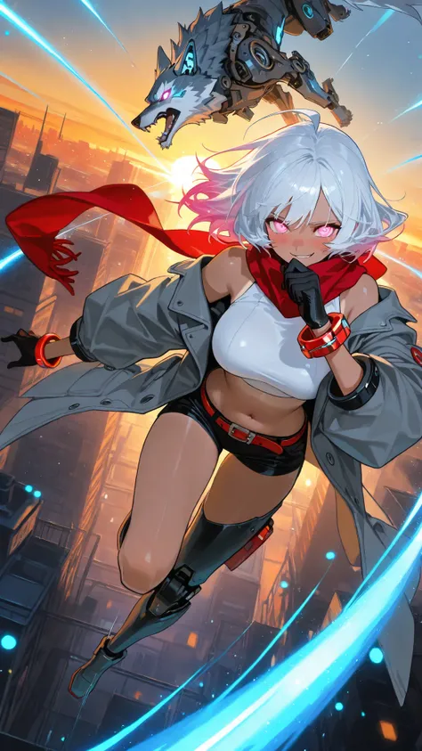 generate image of 1girl, solo, human-girl, side-view, pink eyes, glowing eyes, blush, shy, white-hair, long-hair, (side-swept-hair), pink-streak-hair, ahoge, voluptuous body, big-breast, mature-human-girl, tanned-skin, 

wearing : black shorts, short-sleev...