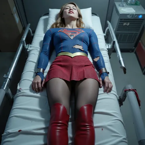 Supergirl is loss of conscious on the bed in the laboratory, she has a very bright white skin, can see whole body, She is wearing a Supergirl costume with a blue shirt, red skirt and thin black pantyhose, very short red skirt, torn clothes, red knee height...