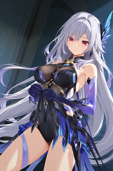skirk_black, long hair, gloves, grey hair, very long hair, hair ornament, red eyes, upper knee only, breasts, detached sleeves,Indoor, changing clothes, underwear,highly detailed, ray tracing, best lighting, movie like composition, beautiful face, best qua...