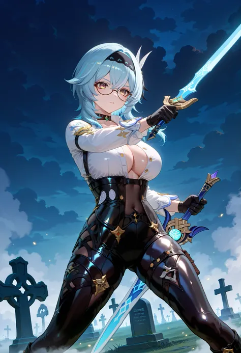 ((dark filter)), BREAK EulasDxL,a Woman, Alone, Fighting pose, Holds a sword, looking at the spectator, eyeglasses, hair ornament, thighhighs, Gloves, Chest harness, long sleeves white, blue hair, yellow eyes, headband, medium hair, big breasts , thigh ...