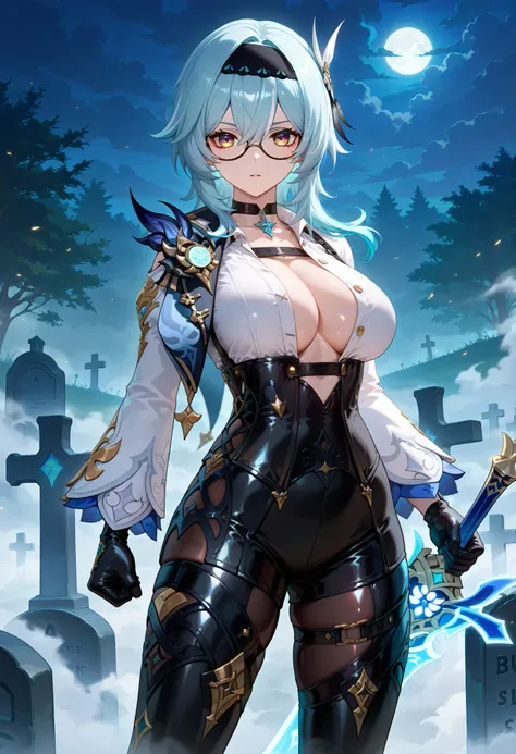 ((dark filter)), BREAK EulasDxL,a Woman, Alone, Fighting pose, Holds a sword, looking at the spectator, eyeglasses, hair ornament, thighhighs, Gloves, Chest harness, long sleeves white, blue hair, yellow eyes, headband, medium hair, big breasts , thigh ...