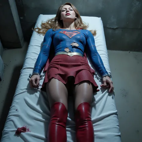 Supergirl is loss of conscious on the bed in the laboratory, she has a very bright white skin, can see whole body, She is wearing a Supergirl costume with a blue shirt, torn red skirt and torn thin black pantyhose, very short red skirt, torn clothes, red k...