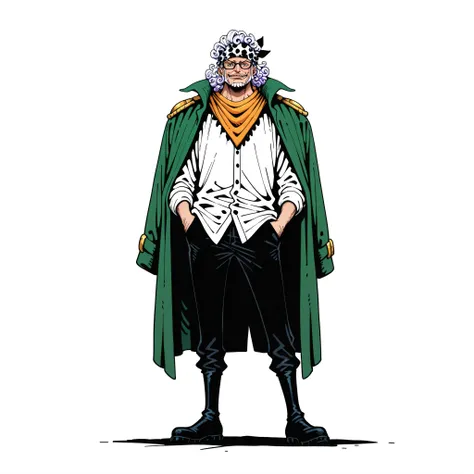 (male), (old man), (glasses), (curly hair), (bandana on head), (calm face), (hand in pocket pose), (solo), (single character), (full body version), (white background), (no background), (highly detailed), (shadow), (standing pose), (natural light), (detaile...