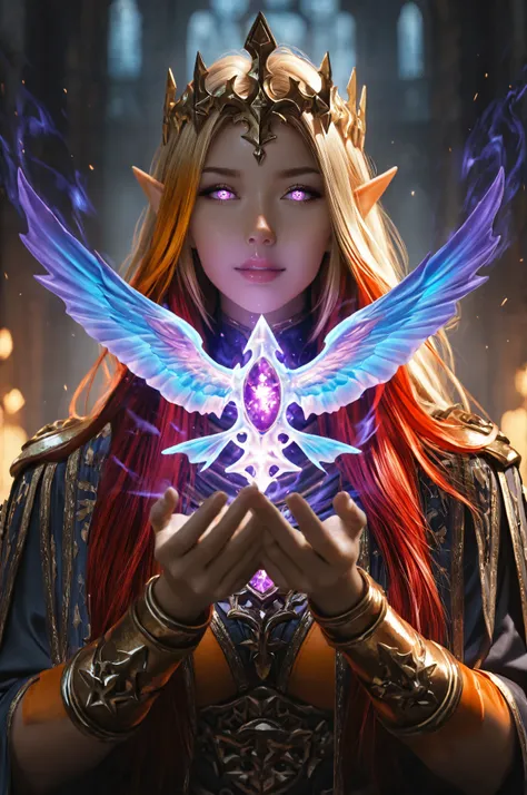 aidmaMJ6.1, a portrait of a female elf (intense details, Masterpiece, best quality) fantasy cleric, fantasy celestial guardian, armed with a holy symbol, shinning holy symbol, metallic shine, epic beautiful female elf, blond hair with red highlights , rich...