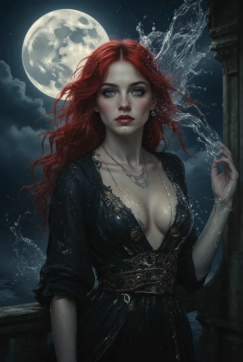 Intimate semi realistic surreal portrait of a divine siren goddess, An angel formed from clear water, oil painting with expressive brushstrokes, impossibly beautiful eyes like deep cosmic pools - huge and mesmerizing with gold-flecked violet irises burning...