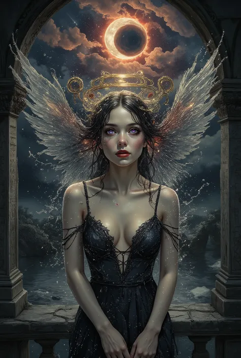 Intimate semi realistic surreal portrait of a divine siren goddess, An angel formed from clear water, oil painting with expressive brushstrokes, impossibly beautiful eyes like deep cosmic pools - huge and mesmerizing with gold-flecked violet irises burning...