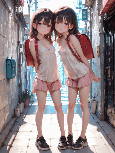 (Masterpiece: 1.2), 8k, Amazing quality, High resolution, Highly detailed, Thin lines, (1 cute young girl), (Alone), Black hair, Long bangs, (Pretty brown eyes, Light smile, Blush), Randoseru, Beautiful girl standing with both hands hidden behind her back,...