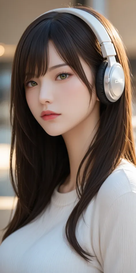 headphones over green,womanhood,1girl,music,headphones over greenに手を当てている,year zero,bungs,,sexy,Clear,very beautiful,,dynamic,live-action,realistic,greatest masterpiece,safe content
