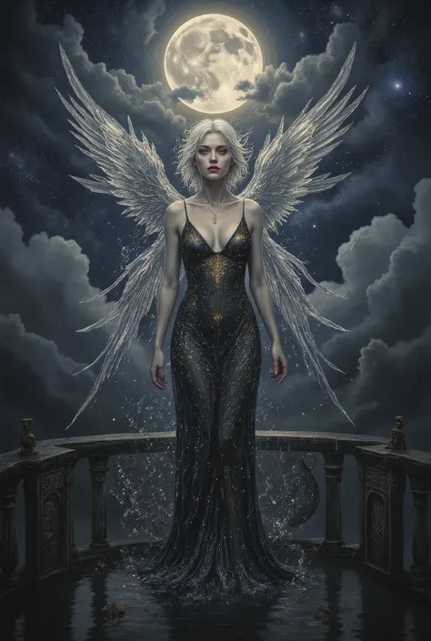 Intimate semi realistic surreal portrait of a divine siren goddess, An angel formed from clear water, oil painting with expressive brushstrokes, impossibly beautiful eyes like deep cosmic pools - huge and mesmerizing with gold-flecked violet irises burning...