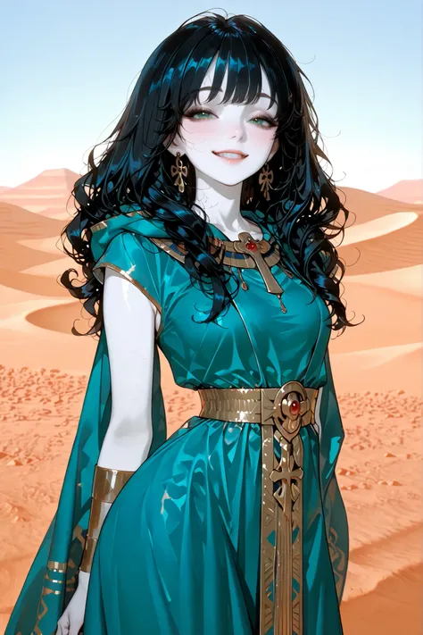 masterpiece, high resolution ,excellent quality , Women , black-haired , curly hair , long hair , green eyes , cheerful look, Egyptian royal clothing modest not vulgar blue color elegant dress, small waist, wide hip, hooded tunic , Alone , in the dese...