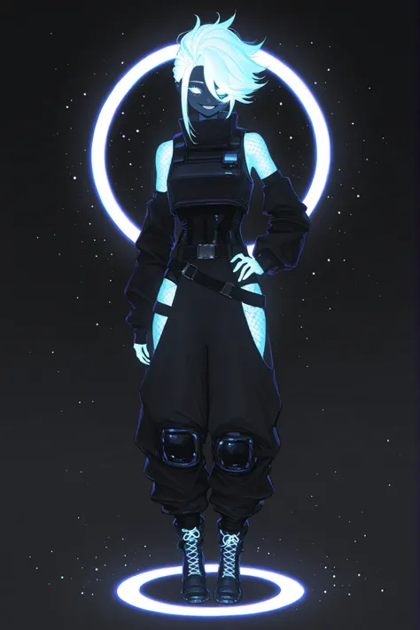 (Japanese_art,) The woman is a alien living star. She has a tall athletic non binary figure. She has white glowing skin. She has white glowing short spiky hair that forms halo rays around her head. She has green glowing eyes. She has a cold smile on her fa...