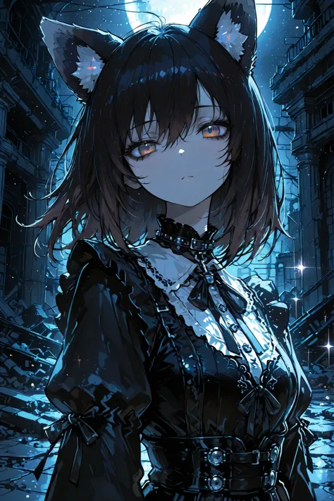 Darkness、Highest Quality, ultra high res, masterpiece, Dark Wolf Girl, Dog Ears、medium hair dark hair, Black Gothic Dress, ruins ,Tired Expression ,fair skin、 dark atmosphere, Amazing Vibes、perfect detail, Artistic,moonlight, , amazing space, phblue、upper...