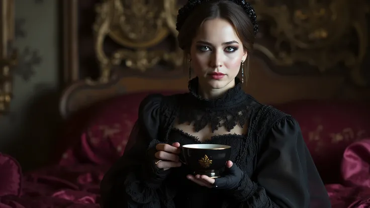 image of a woman in the Gothic Renaissance style. Dark makeup emphasizes the dark Gothic style. She has a pale, calm but at the same time beautiful face. The facial expression is aristocratic pride and arrogance. In the eyes there is a hidden secret and da...