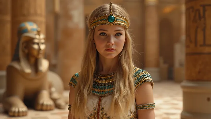 1girl whole body view , blond straight hair , Traditional Egyptian wigs , Egyptian attire , Egyptian dress-up , queen of Egypt , goddess , Young girls , Emerald eyes , Elaborate Eyes , beautiful face , Stand by magnificent colored perfect sphinx with the c...