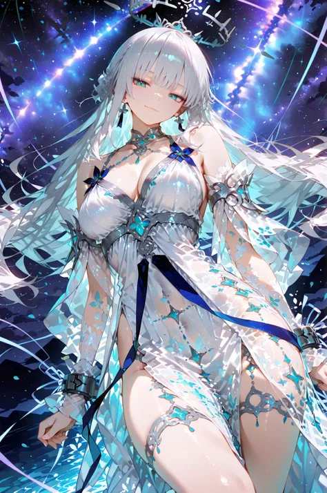 see-through body,,Outstanding Works,Slightly realistic, Excellent quality, is very beautiful, 超High Resolution, High Resolution,anime style,,...........(Tilt angle: 1.5) A mysterious maiden clad in a flowing silver-white gauze gown, gently bound to the roc...