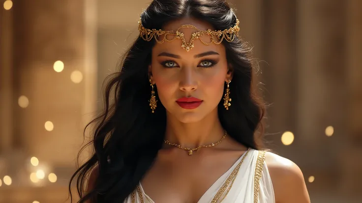 Create a stunning portrait video of Hera, the queen of the gods. She has long, flowing black hair, piercing blue eyes, and striking red lips that enhance her divine beauty. She wears an elegant white Greek robe draped gracefully over her shoulders, adorned...