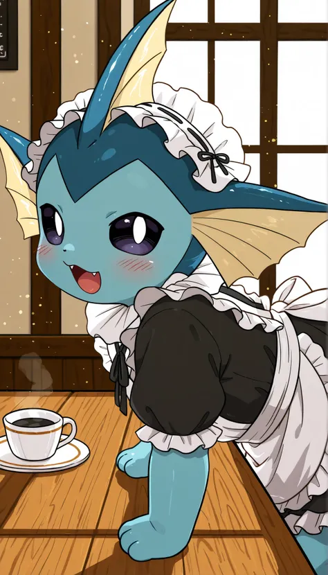 best quality,best resolution,solo,vaporeon,pokemon,(young :1.6),white frilled hairband,frilled maid outfit,maid coffee cafe,romantic light,morning light,blush,looking at viewer,smile,open mouth,fangs,crawling on table,(side view :1.3),close up