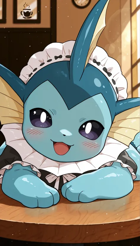 best quality,best resolution,solo,vaporeon,pokemon,(young :1.6),white frilled hairband,frilled maid outfit,maid coffee cafe,romantic light,morning light,blush,looking at viewer,smile,open mouth,lying on table,close up,paw at mouth