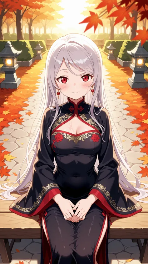 BREAK (masterpiece:1.2),Peaceful Japanese park during autumn after rainfall, vibrant red and golden maple leaves scattered across glistening stone paths, wet wooden benches under glowing foliage, stone lanterns reflecting in puddles, warm light shining thr...