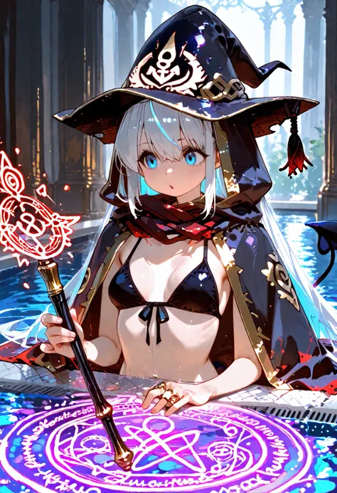 best quality、supreme masterpiece、Summoned along with Haze from the drawn magic circle、1 succubus 、Slender With SMG、small breasts、Blue Eye Sight , Keen Eyes、upper body、Curse Hat、Decorated Cloak of Darkness、Cursed Ring、Holding the Curse Wand、Thailand、summone...