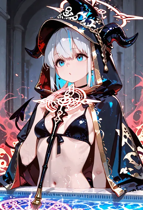 best quality、supreme masterpiece、Summoned along with Haze from the drawn magic circle、1 succubus 、Slender With SMG、small breasts、Blue Eye Sight , Keen Eyes、upper body、Curse Hat、Decorated Cloak of Darkness、Cursed Ring、Holding the Curse Wand、Thailand、summone...