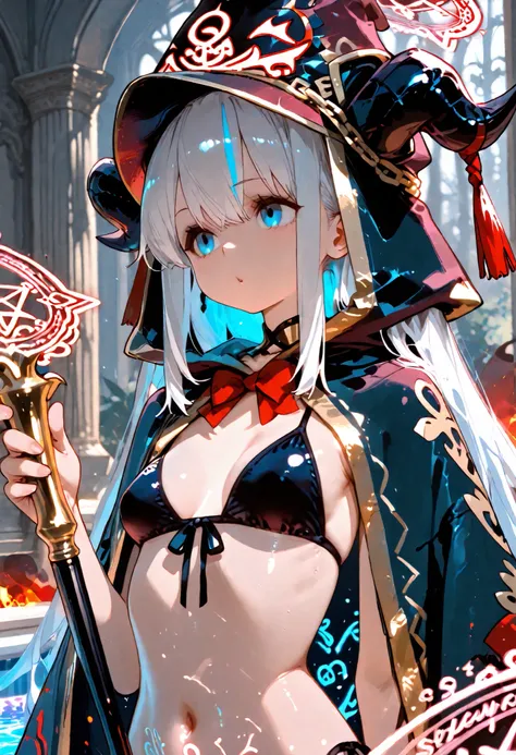 best quality、supreme masterpiece、Summoned along with Haze from the drawn magic circle、1 succubus 、Slender With SMG、small breasts、Blue Eye Sight , Keen Eyes、upper body、Curse Hat、Decorated Cloak of Darkness、Cursed Ring、Holding the Curse Wand、Thailand、summone...