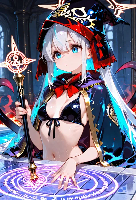 best quality、supreme masterpiece、Summoned along with Haze from the drawn magic circle、1 succubus 、Slender With SMG、small breasts、Blue Eye Sight , Keen Eyes、upper body、Curse Hat、Decorated Cloak of Darkness、Cursed Ring、Holding the Curse Wand、Thailand、summone...