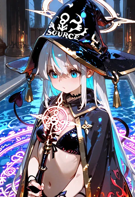 best quality、supreme masterpiece、Summoned along with Haze from the drawn magic circle、1 succubus 、Slender With SMG、small breasts、Blue Eye Sight , Keen Eyes、upper body、Curse Hat、Decorated Cloak of Darkness、Cursed Ring、Holding the Curse Wand、Thailand、summone...