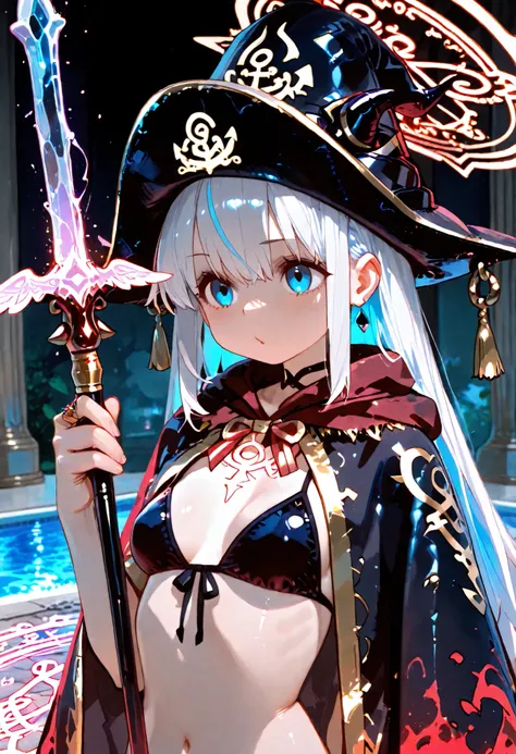 best quality、supreme masterpiece、Summoned along with Haze from the drawn magic circle、1 succubus 、Slender With SMG、small breasts、Blue Eye Sight , Keen Eyes、upper body、Curse Hat、Decorated Cloak of Darkness、Cursed Ring、Holding the Curse Wand、Thailand、summone...