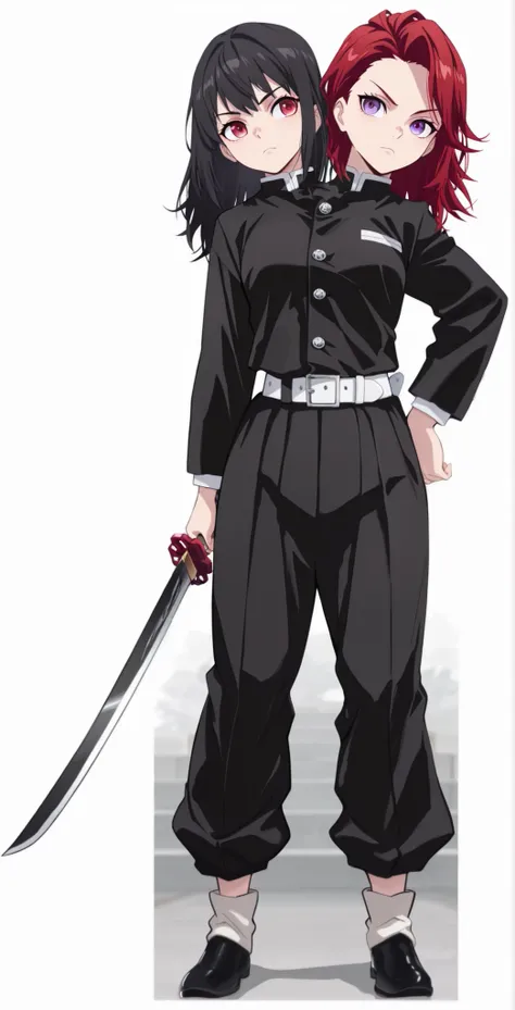 (masterpiece) , (ultra-detailed) , (high quality) , (high resolution) , (best quality:1 . 5 , highres , UHD) , highres , absurdo , ultra detail , ultra quality , Ultra resolution , 16k , 1girl , ((2heads:1 . 5)) , ((red hair)) , ((black hair)) , (different...