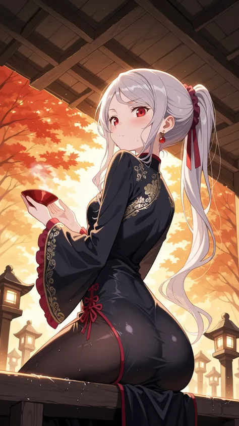 BREAK (masterpiece:1.2),Peaceful Japanese park during autumn after rainfall, vibrant red and golden maple leaves scattered across glistening stone paths, wet wooden benches under glowing foliage, stone lanterns reflecting in puddles, warm light shining thr...