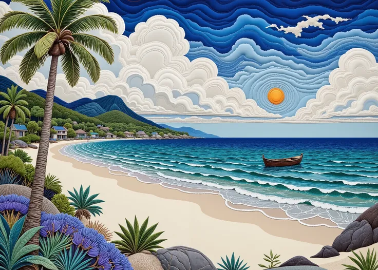 masterpiece, Best Composition, Highest Quality, Patchwork Quilt World, Handmade style, high-resolution image、shot with a wide angle lens、Mysterious Seas in Southeast Asia、Endless horizon 、Sunset Over the Horizon、Blue sky turning orange、Clear cobalt blue s...