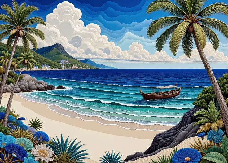 masterpiece, Best Composition, Highest Quality, Patchwork Quilt World, Handmade style, high-resolution image、shot with a wide angle lens、Mysterious Seas in Southeast Asia、Endless horizon 、Sunset Over the Horizon、Blue sky turning orange、Clear cobalt blue s...