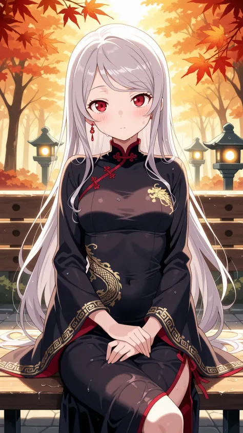 BREAK (masterpiece:1.2),Peaceful Japanese park during autumn after rainfall, vibrant red and golden maple leaves scattered across glistening stone paths, wet wooden benches under glowing foliage, stone lanterns reflecting in puddles, warm light shining thr...