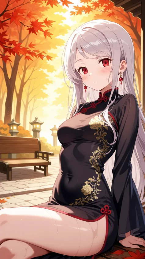 BREAK (masterpiece:1.2),Peaceful Japanese park during autumn after rainfall, vibrant red and golden maple leaves scattered across glistening stone paths, wet wooden benches under glowing foliage, stone lanterns reflecting in puddles, warm light shining thr...