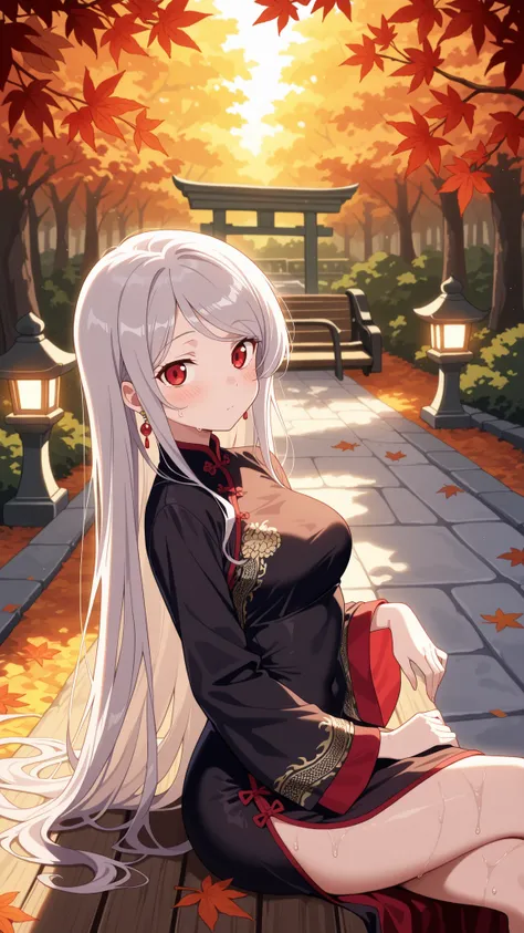 BREAK (masterpiece:1.2),Peaceful Japanese park during autumn after rainfall, vibrant red and golden maple leaves scattered across glistening stone paths, wet wooden benches under glowing foliage, stone lanterns reflecting in puddles, warm light shining thr...