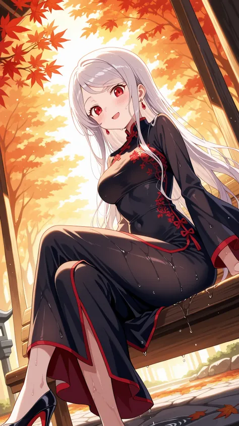 BREAK (masterpiece:1.2),Peaceful Japanese park during autumn after rainfall, vibrant red and golden maple leaves scattered across glistening stone paths, wet wooden benches under glowing foliage, stone lanterns reflecting in puddles, warm light shining thr...