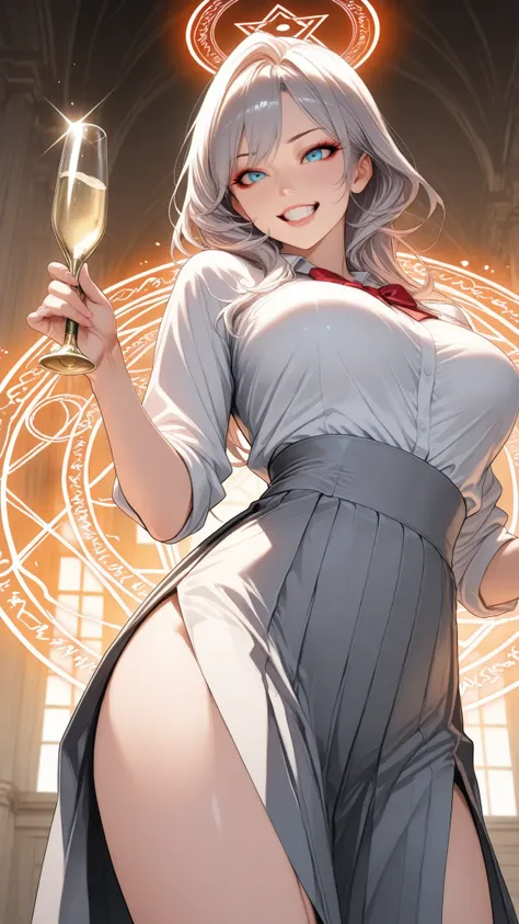 realistic, Picturesque Medium Shot of an Attractive White Woman {x}, 2, 5'9" tall from the school building, perfect, Graceful physique  . Her Long, ウェーブヘアteeth鮮やかなターコイズブルー,.  彼女teeth魅力的 //, Beautiful Woman Wearing High Grey,  彼女のポーズteeth流動的で魅惑的, as if offe...