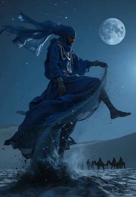 A large-format cinematic photograph capturing the moment of the ecstatic ritual dance of the Tuareg, known as the "Dance of the Djinn of the Desert."

Scene: Deep twilight in the vast Sahara desert. The sky is a gradient from fading ultramarine blue at the...