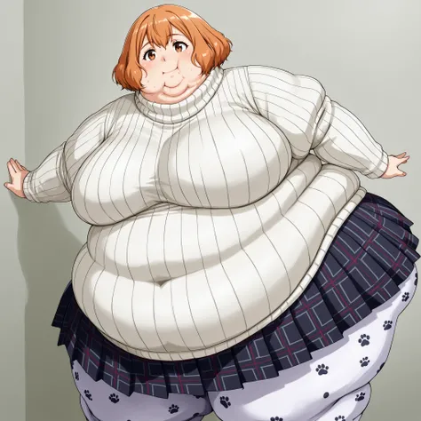 score_9, score_8_up, score_7_up, source_anime, BREAK 1girl, looking at you, smile, defHaru, short hair, pink ribbed sweater, turtleneck sweater, short over long sleeves, plaid skirt, pleated skirt, print pantyhose, fat, chubby, obese, gigantic arms and le...