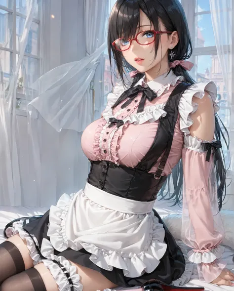 ((inspired by )),((inspired by Animation Style:1.5)),(masterpiece, best quality),beautiful, beautiful-woman, ((detailed face)).(full body:1.3).,
((black hair)), glasses, blue eyes, long hair, over-rim eye-wear,semi-rimless eye-wear, between eyes .(red-fra...