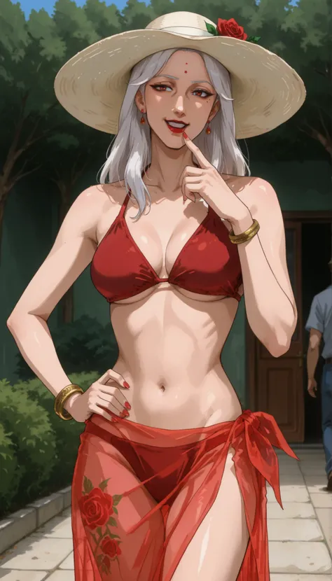 A woman, mature female, housewife, slim body, medium breasts, mole under eye, (bangles), crimson red bikini, sarong, see-through sarong, summer hat, red rose, red bindi, red mark on forehead, red lips, emerges from a calm, finger on lips, one hand on own h...