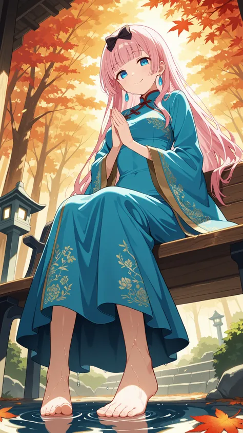 BREAK (masterpiece:1.2),Peaceful Japanese park during autumn after rainfall, vibrant red and golden maple leaves scattered across glistening stone paths, wet wooden benches under glowing foliage, stone lanterns reflecting in puddles, warm light shining thr...