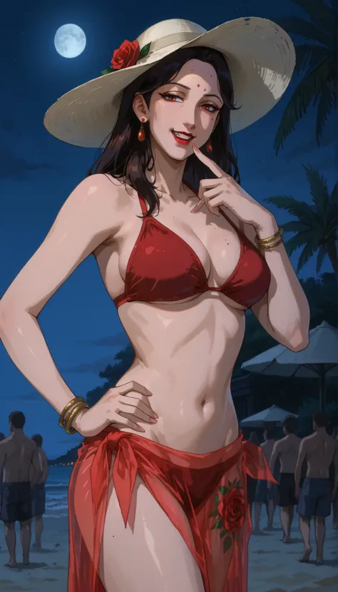 A woman, mature female, housewife, slim body, medium breasts, mole under eye, (bangles), crimson red bikini, sarong, see-through sarong, summer hat, red rose, red bindi, red mark on forehead, red lips, emerges from a calm, finger on lips, one hand on own h...