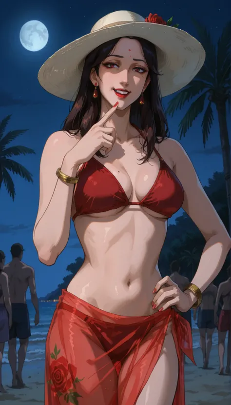 A woman, mature female, housewife, slim body, medium breasts, mole under eye, (bangles), crimson red bikini, sarong, see-through sarong, summer hat, red rose, red bindi, red mark on forehead, red lips, emerges from a calm, finger on lips, one hand on own h...