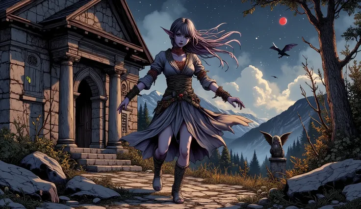 The world of the Dracula legend is set in medieval Romania. The stars twinkle in a very dark night sky with a small blood-red moon. A female vampire hunter, a dark elf, turns her back and twists her body in the yard of an abandoned church in a mountain vil...