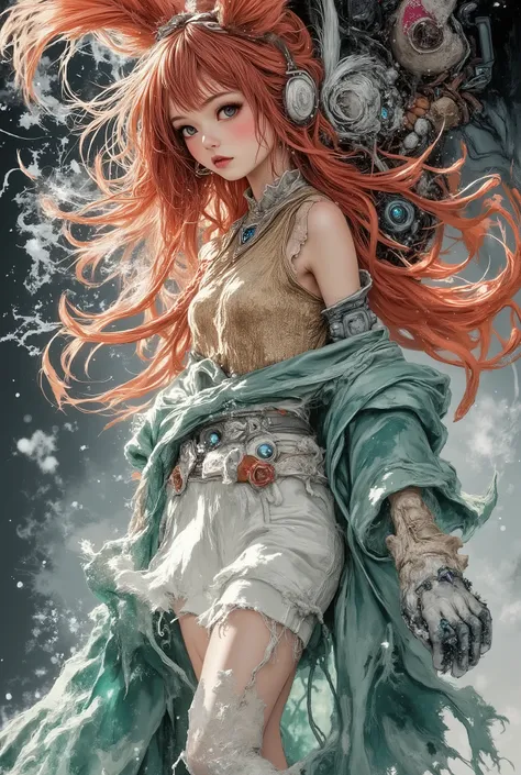 A portrait with raised shoulders, executed in pure cinematic realism, with smooth movements and floating snowflakes. An adult Northerner in massive headphones, she looks past the camera with alabaster skin and pale gray-blue eyes, her breath is noticeable ...