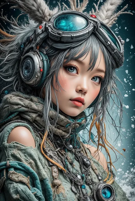 A portrait with raised shoulders, executed in pure cinematic realism, with smooth movements and floating snowflakes. An adult Northerner in massive headphones, she looks past the camera with alabaster skin and pale gray-blue eyes, her breath is noticeable ...